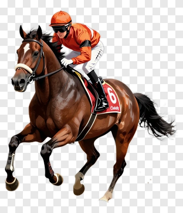 Jockey Riding Racehorse In Orange Outfit PNG