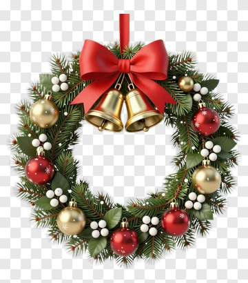 Christmas Wreath With Red Bow And Bells PNG