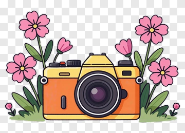Yellow Camera Surrounded By Pink Flowers PNG