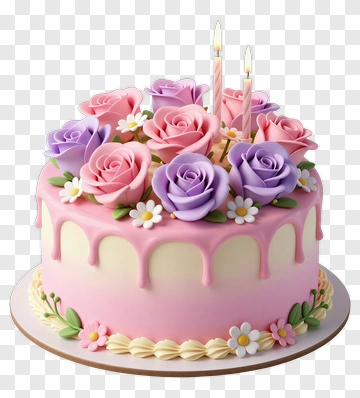 Birthday Cake With Pink And Purple Roses PNG