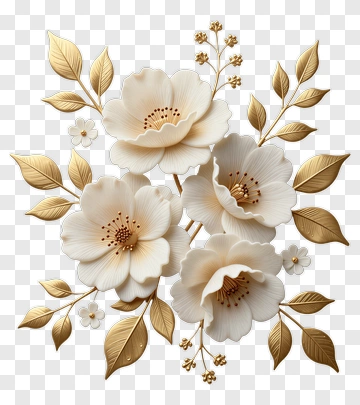 White Flowers With Gold Leaves PNG