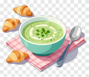 Green Soup With Croissants And Spoon PNG