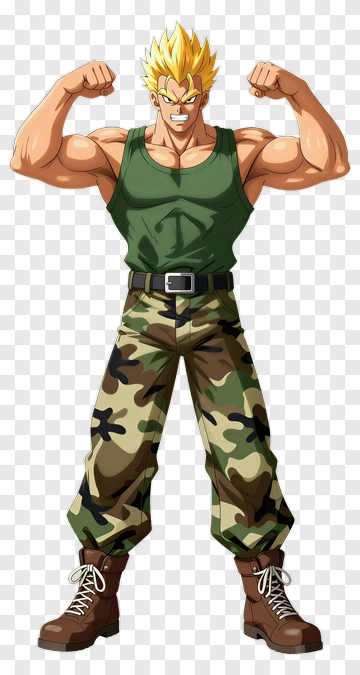 Muscular Anime Character In Green And Camouflage PNG