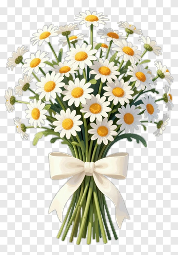 White Daisy Bouquet With Yellow Center And Cream Ribbon PNG