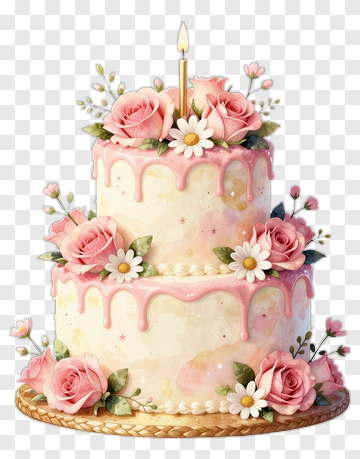 Pink Birthday Cake With Roses And Daisies PNG
