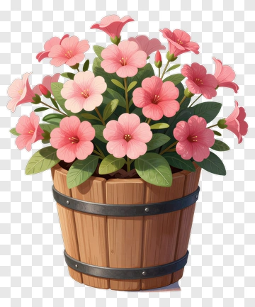 Pink Flower In Wooden Barrel PNG