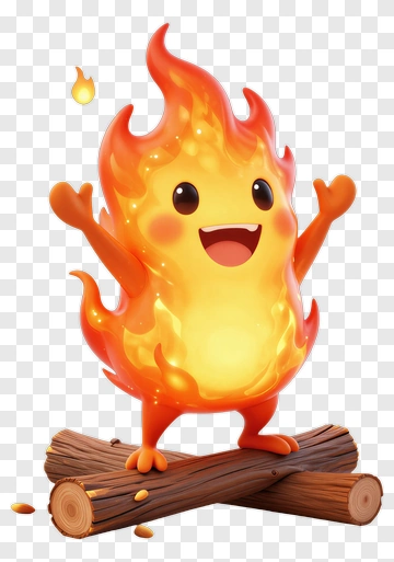 Happy Fire Creature Standing On Logs PNG
