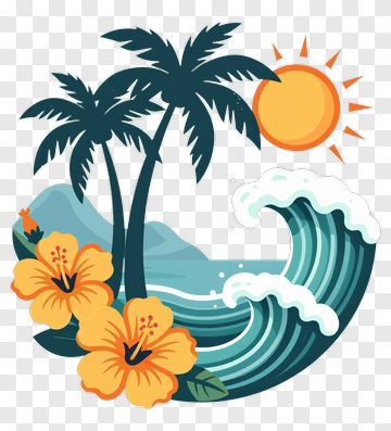 Tropical Beach Scene With Palm Trees And Flowers PNG