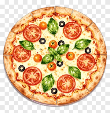 Vegetable Pizza With Tomatoes Basil And Olives PNG