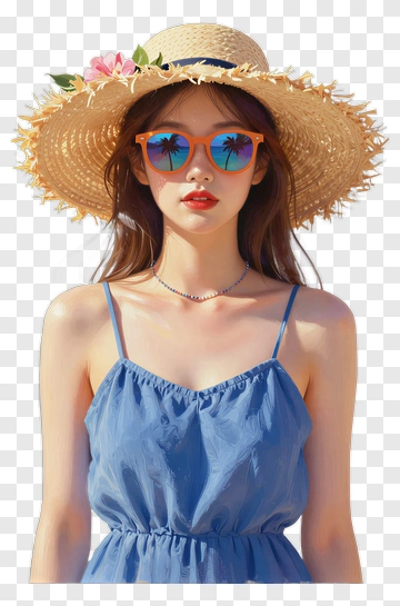 Woman In Straw Hat And Sunglasses PNG