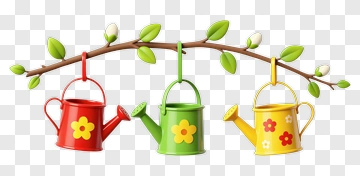 Three Colorful Watering Cans Hanging From Branch PNG