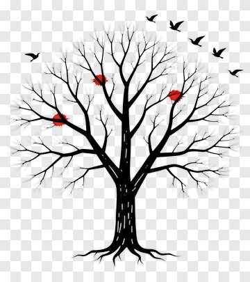 Black Tree With Red Flowers And Flying Birds PNG