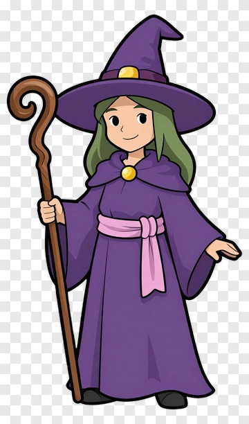 Friendly Witch With Staff And Hat PNG