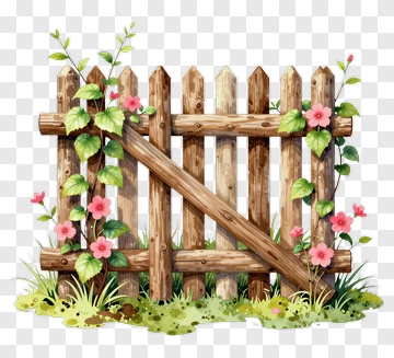Wooden Fence With Vines And Flowers PNG