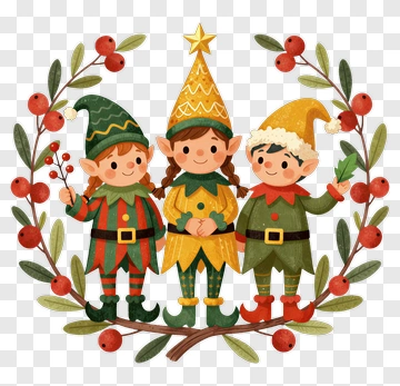 Three Happy Elves In Holiday Wreath PNG