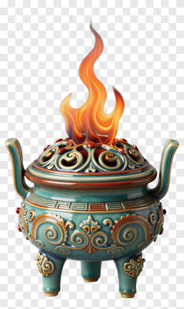 Blue Ceramic Incense Burner With Fire PNG