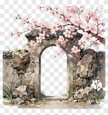 Cherry Blossoms Over Ancient Stone Archway PNG