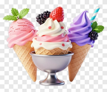 Three Colorful Ice Creams In Waffle Cones PNG
