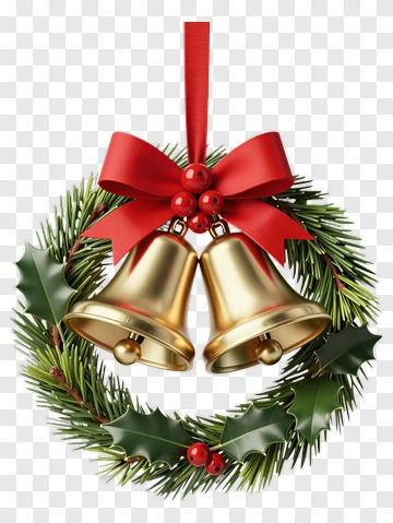 Christmas Wreath With Gold Bells And Red Ribbon PNG