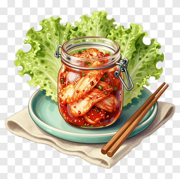 Kimchi In Glass Jar With Lettuce And Chopsticks PNG