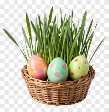 Easter Eggs In Wicker Basket With Grass PNG