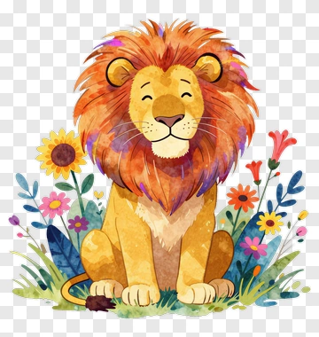 Watercolor Lion Among Flowers PNG