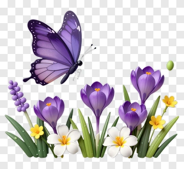 Purple Butterfly Among Spring Flowers PNG