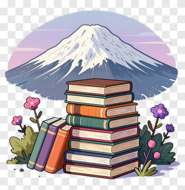 Stack Of Books With Mountain And Flowers PNG