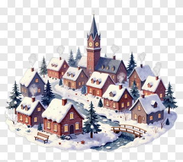 Snowy Village With Church Tower PNG