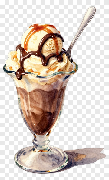 Watercolor Ice Cream Sundae With Chocolate And Caramel PNG