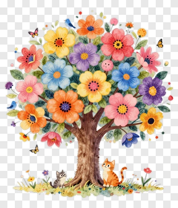 Flower Tree With Cats And Butterflies PNG