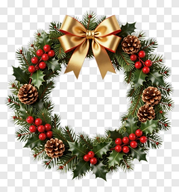 Christmas Wreath With Gold Ribbon PNG