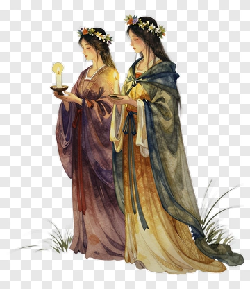 Two Women With Candles And Flower Crowns PNG