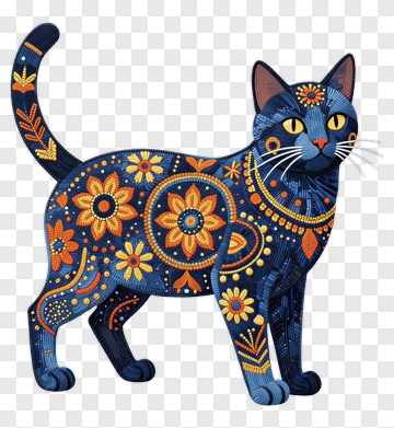 Blue Cat With Floral Ornamentation PNG