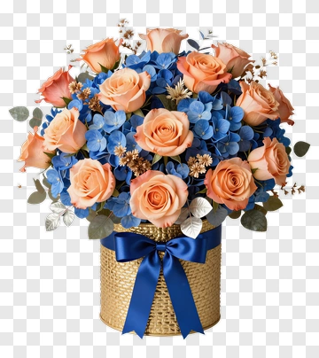 Orchid And Hydrangea Bouquet In Gold Basket PNG