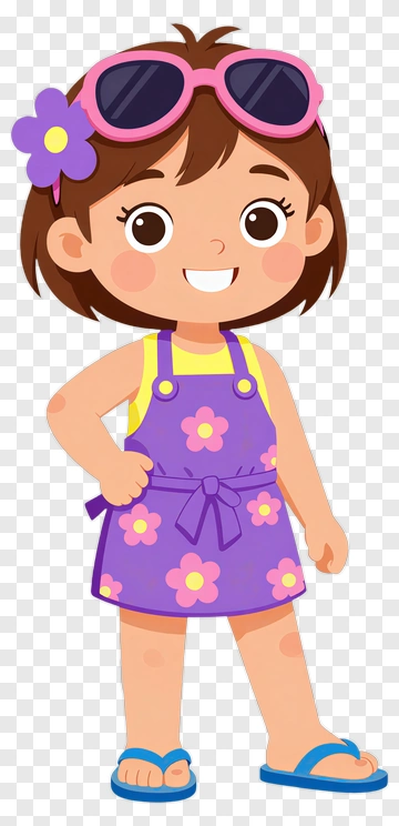 Happy Cartoon Girl With Sunglasses And Flower Dress PNG