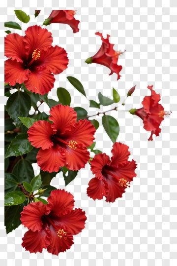 Red Hibiscus Flower With Green Leaves PNG