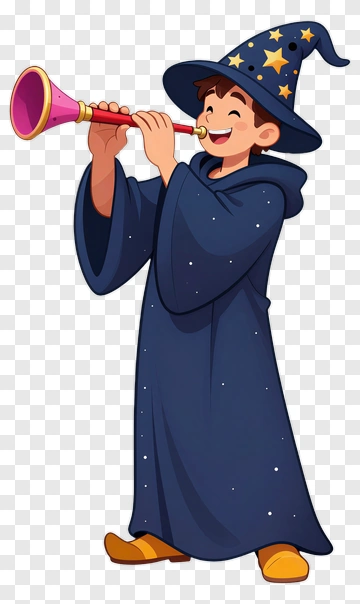 Happy Wizard Playing Magic Horn PNG