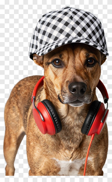 Dog With Red Headphones And Checkered Cap PNG