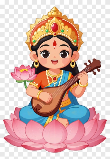 Cartoon Goddess Saraswati Playing Veena PNG