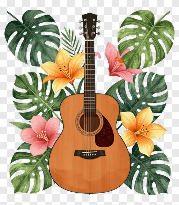 Acoustic Guitar With Tropical Flowers PNG