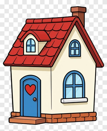 Cartoon House With Red Roof And Blue Door PNG