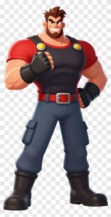 Cartoon Hero With Red Shirt And Black Overalls PNG