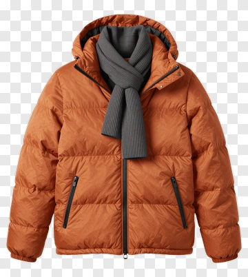 Orange Puffer Jacket With Gray Scarf PNG