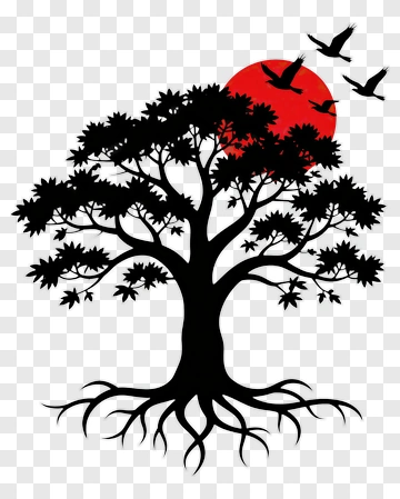 Black Tree With Red Sun And Birds PNG