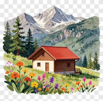 Wooden Cabin Amidst Mountain Flowers PNG