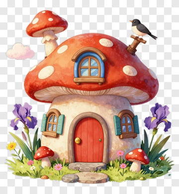 Mushroom House With Bird And Iris PNG