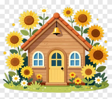 Wooden House Surrounded By Sunflowers PNG