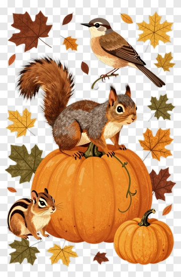 Squirrel Bird Chipmunk Pumpkin Leaves PNG