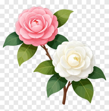 Pink And White Camellias With Green Leaves PNG
